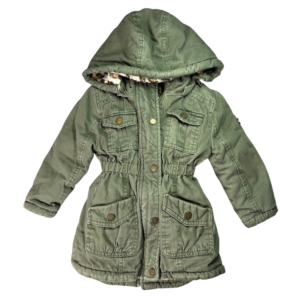 Urban Republic Girls Utility Parka Leopard Faux Fur Hooded Jacket 24M Green